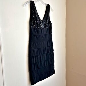 Dress Barn Collection Black Sequin Bodice Dress with Tiered Ruffles at Front